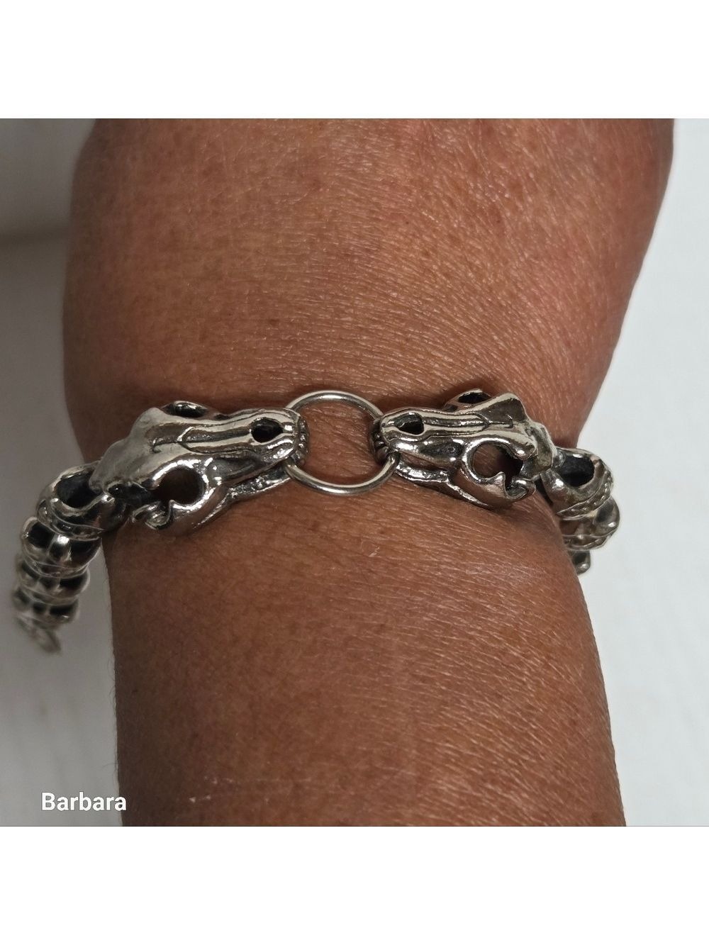 Unisex Heavy Silver-toned Double Dragon Skull Link Bracelet with Toggle Closure